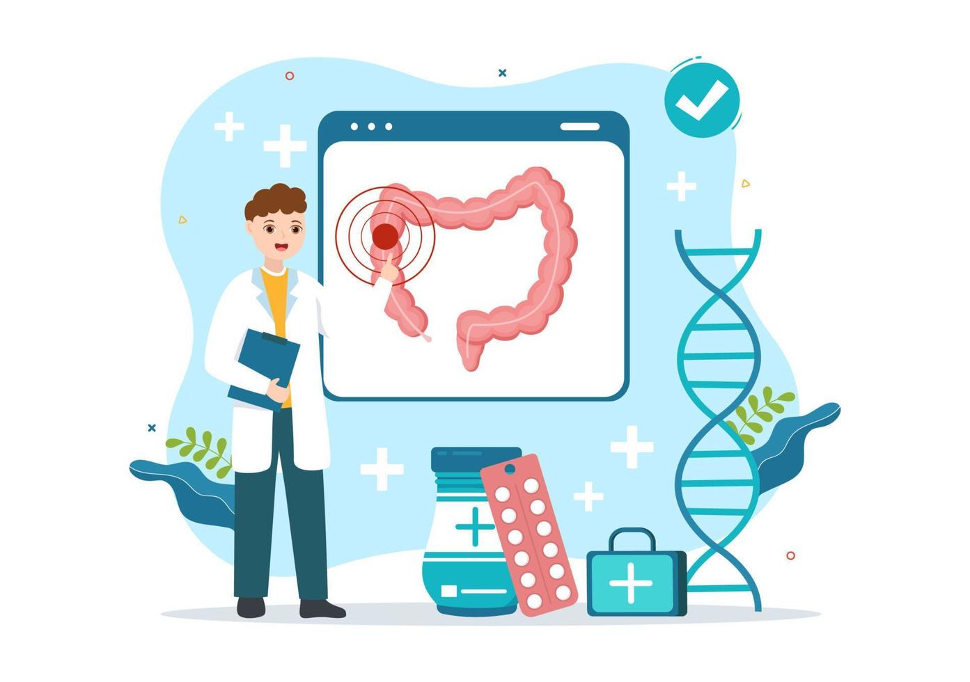 proctólogo o colonoscopia ilustración con un médico examina de el colon y perjudicial bacterias en dibujos animados mano dibujado para aterrizaje página plantillas vector