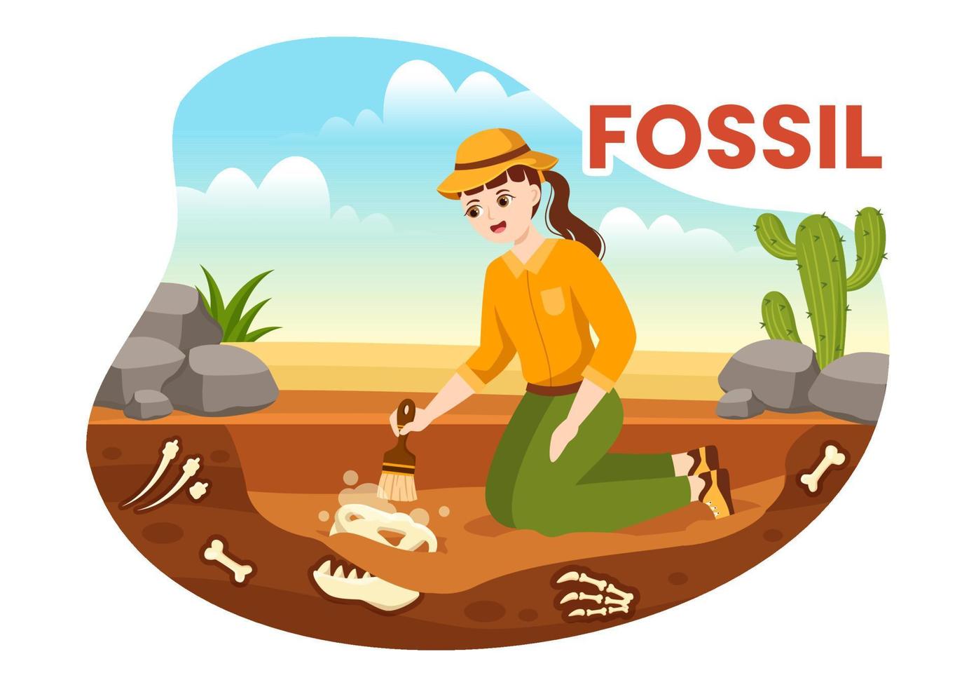 Fossil Illustration with Archaeologists Finds Dinosaurs Skeletons on Excavations or Digging Soil Layers in Flat Cartoon Hand Drawn Templates vector