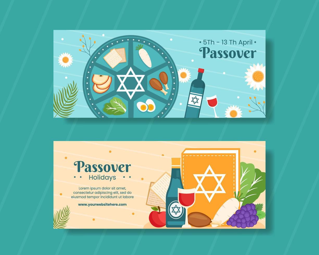 Happy Passover Jewish Holiday Horizontal Banner Flat Cartoon Hand Drawn Templates Background Illustration vector