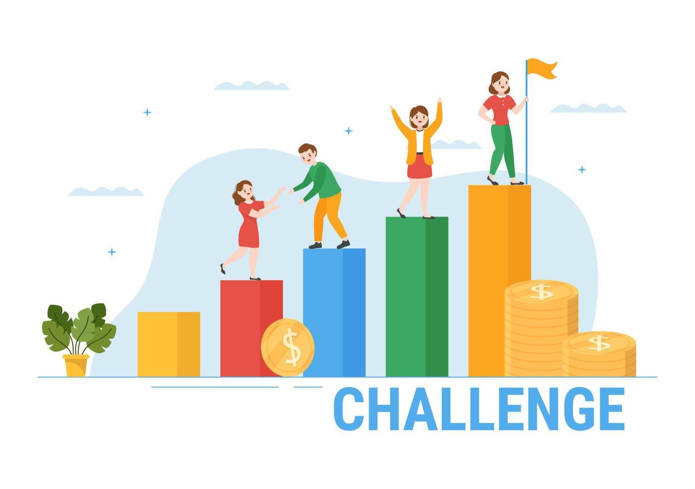 Challenge Illustration with Businessman Running to the Top Graph and Overcoming Obstacle for Landing Page in Flat Cartoon Hand Drawn Templates vector
