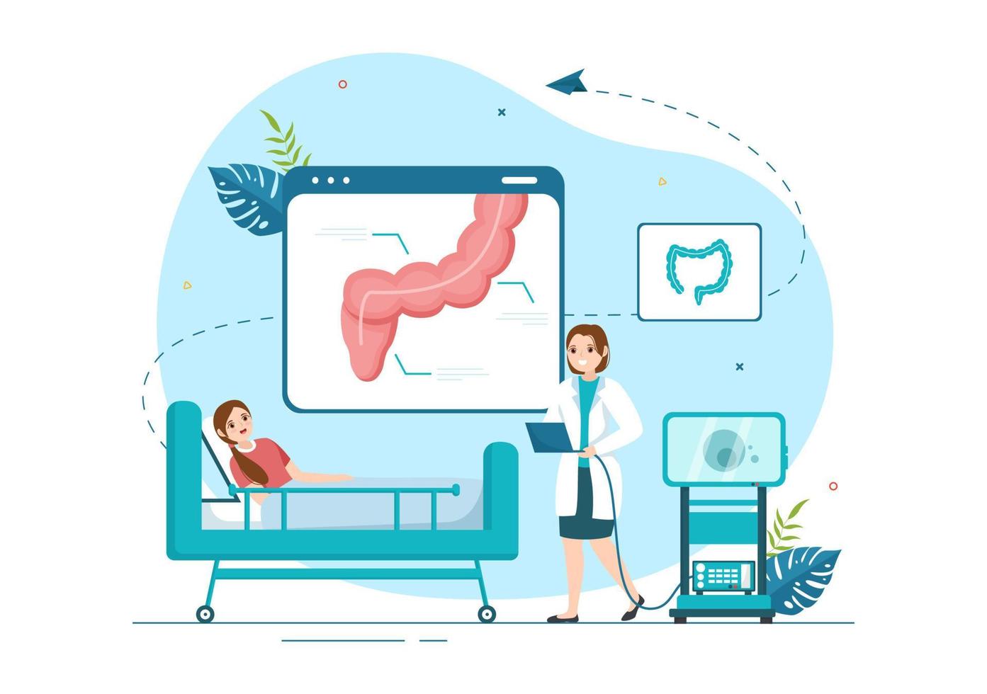 Proctologist or Colonoscopy Illustration with a Doctor Examines of the Colon and Harmful Bacteria in Cartoon Hand Drawn for Landing Page Templates vector