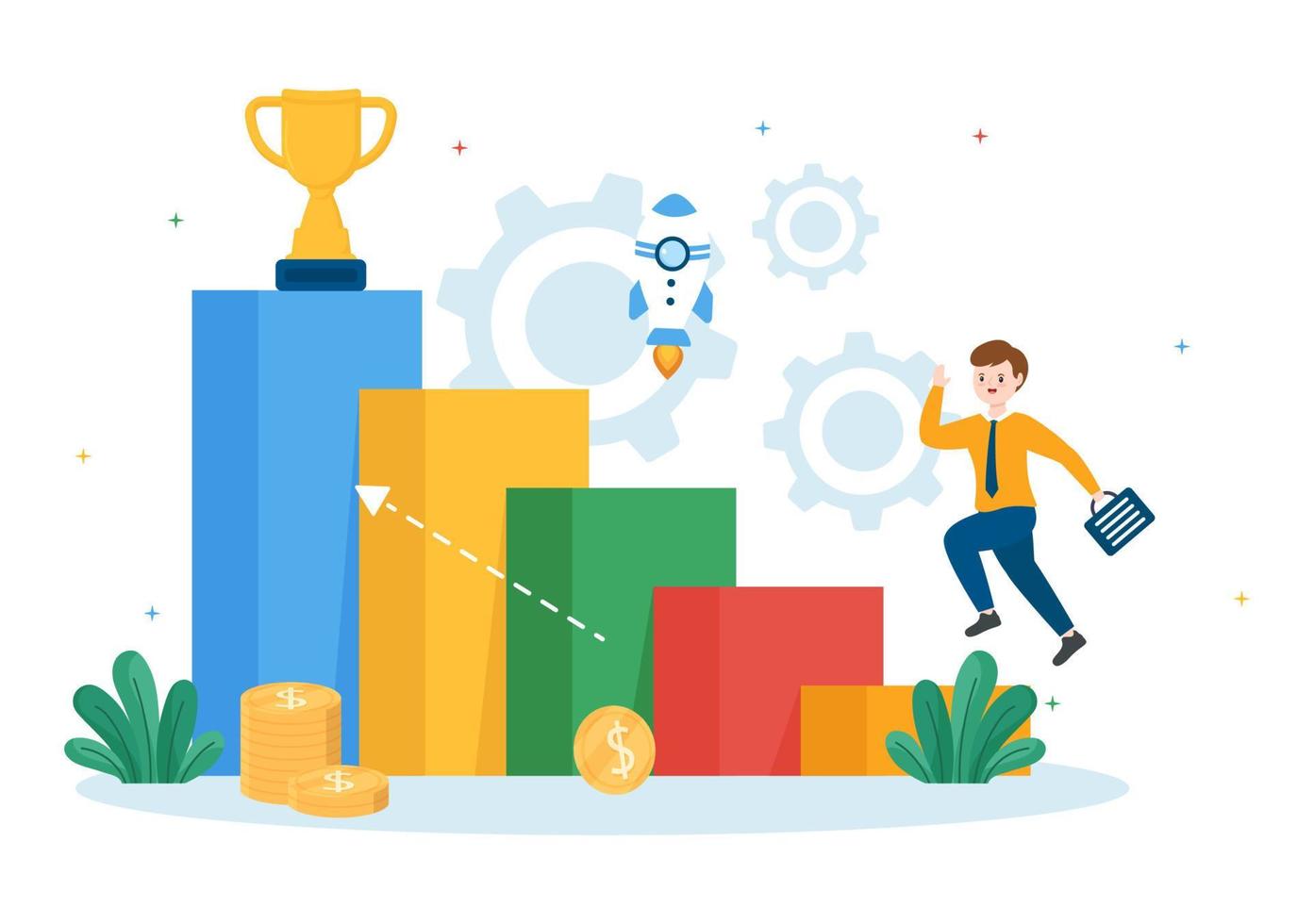 Challenge Illustration with Businessman Running to the Top and Overcoming Obstacle for Landing Page in Flat Cartoon Hand Drawn Templates vector