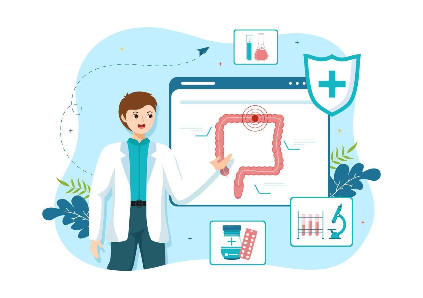 Proctologist or Colonoscopy Illustration with a Doctor Examines of the Colon and Harmful Bacteria in Cartoon Hand Drawn for Landing Page Templates vector