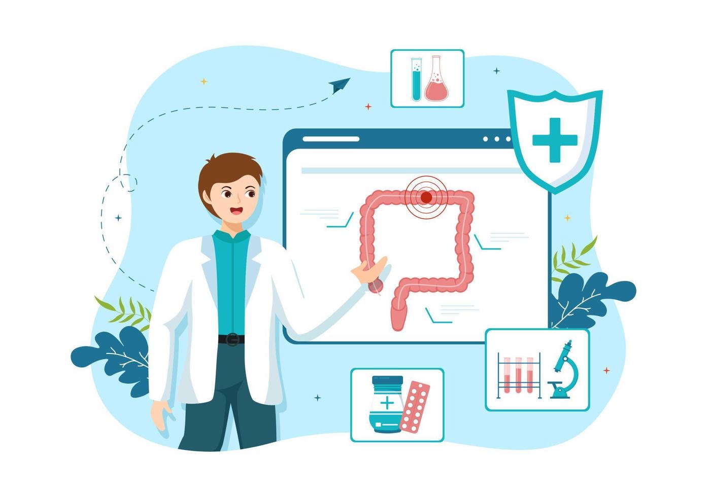 proctólogo o colonoscopia ilustración con un médico examina de el colon y perjudicial bacterias en dibujos animados mano dibujado para aterrizaje página plantillas vector