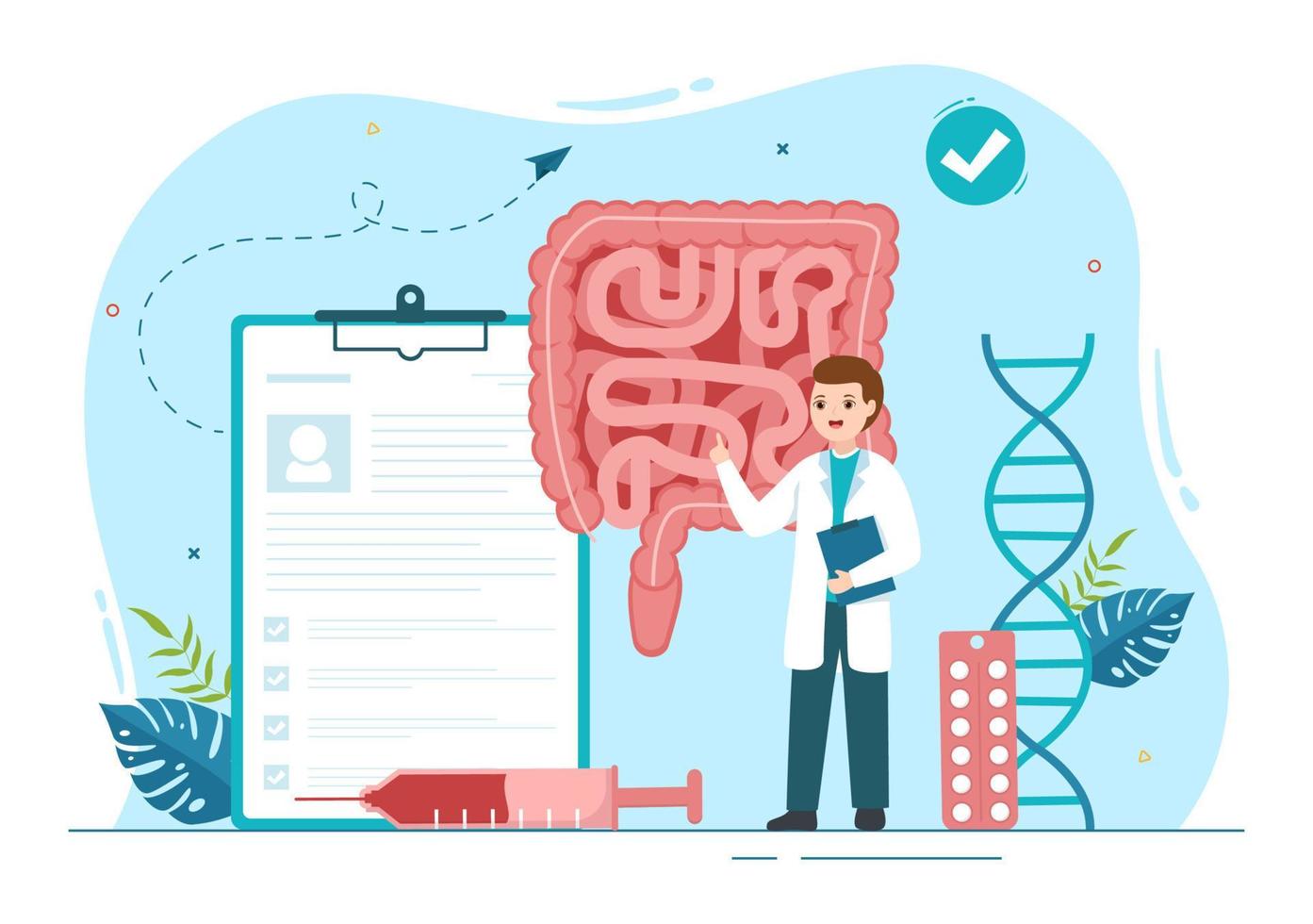 proctólogo o colonoscopia ilustración con un médico examina de el colon y perjudicial bacterias en dibujos animados mano dibujado para aterrizaje página plantillas vector