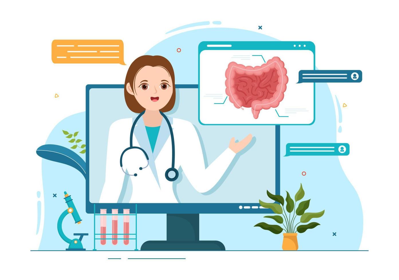 proctólogo o colonoscopia ilustración con un médico examina de el colon y perjudicial bacterias en dibujos animados mano dibujado para aterrizaje página plantillas vector