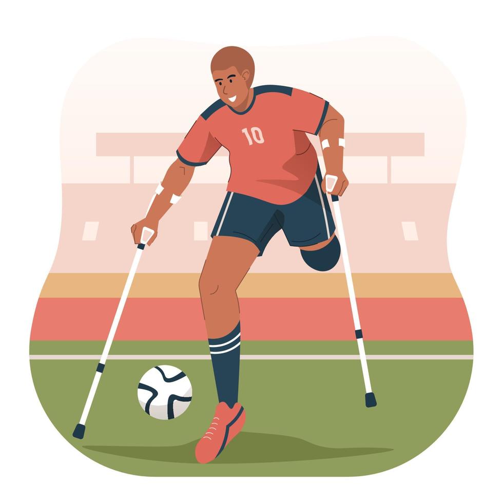 Disabled man with crutches playing football in stadium. Paralympic soccer athlete vector