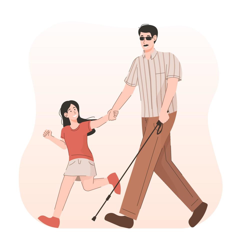 Girl helping blind person with long cane on street vector