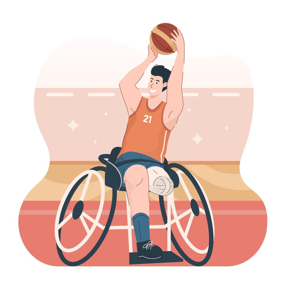 Disabled man in wheelchair playing basketball. Paralympic athlete in stadium vector