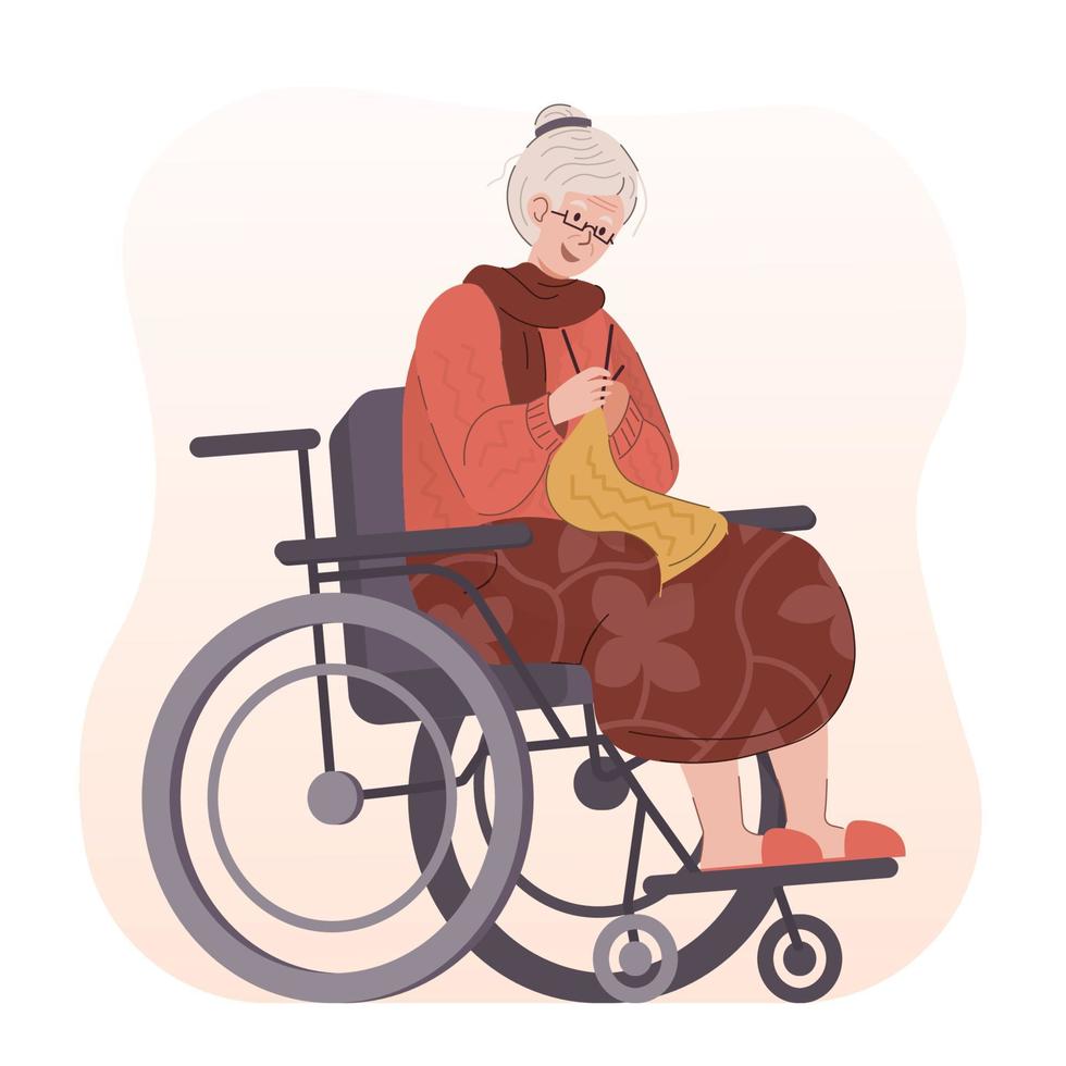 Elderly woman in wheelchair knitting yellow wool vector