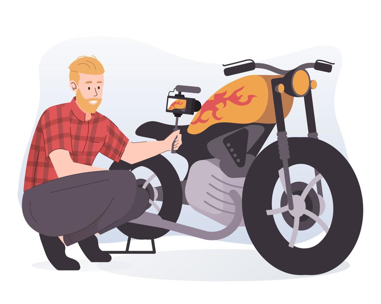 Man recording his motorcycle using camera. Motorcycle blogger vector