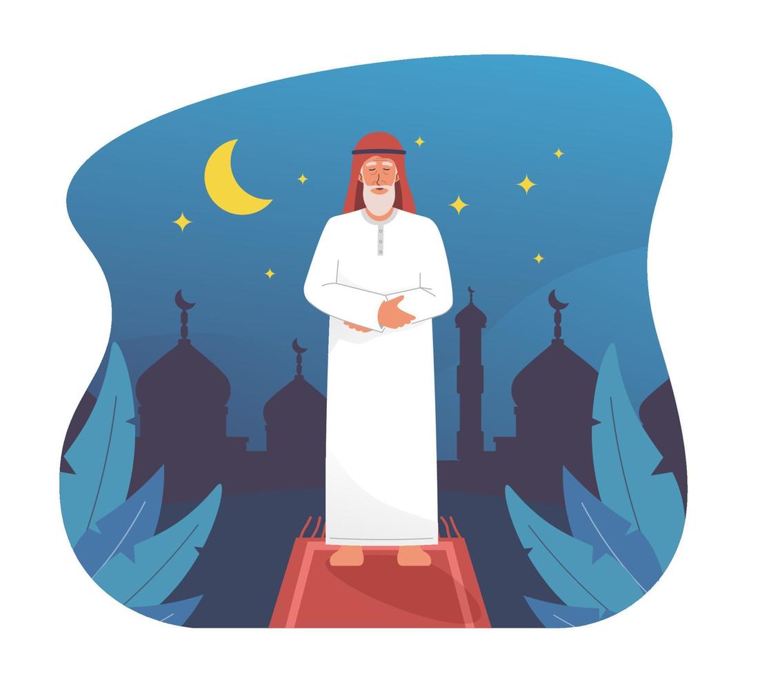 Muslim man praying at night with silhouette of mosque vector