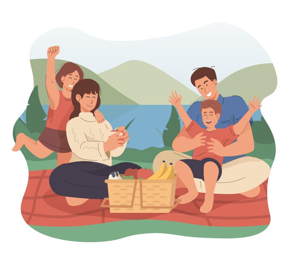contento familia teniendo picnic en el parque vector