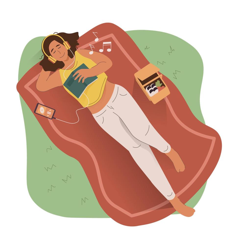 Girl listening to music while laying down in the park vector