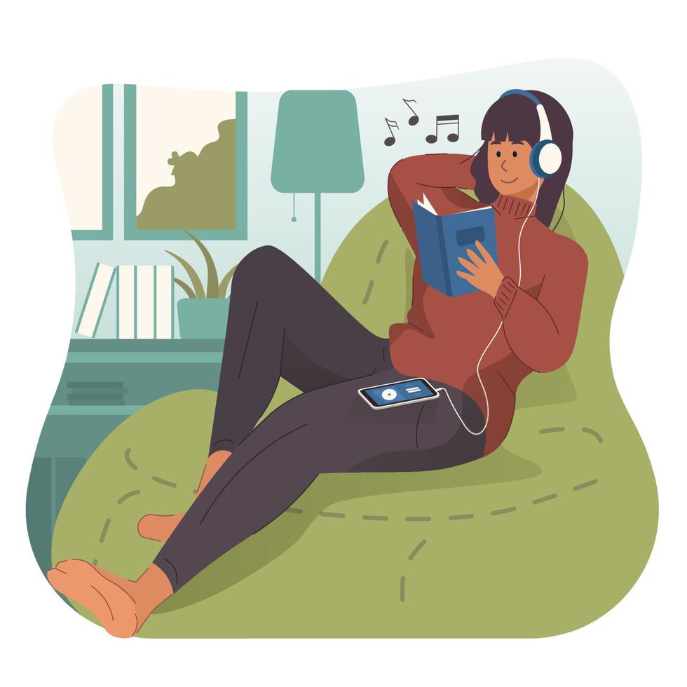niña leyendo libro mientras escuchando a música a hogar vector