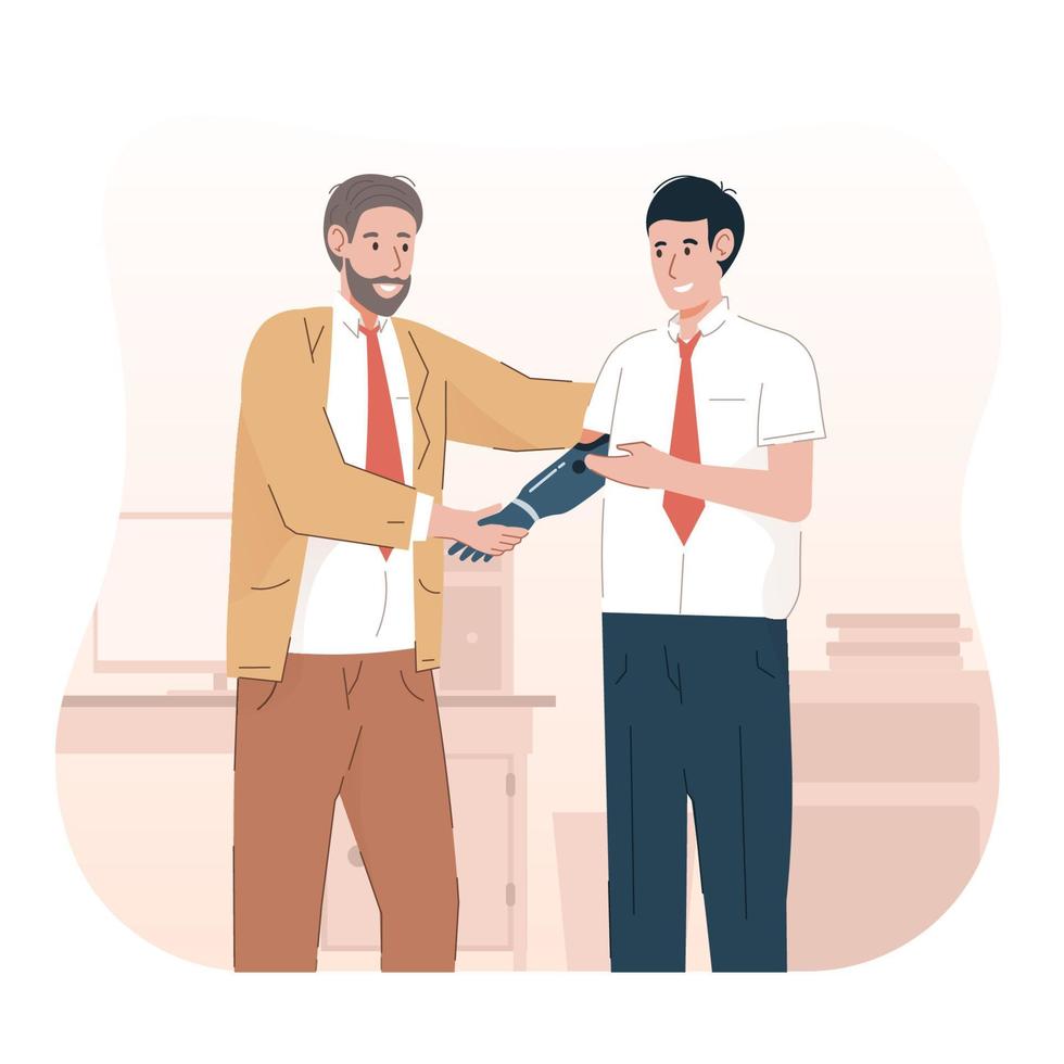 Businessman with prosthetic hand shaking hands. Man with disabilities working vector