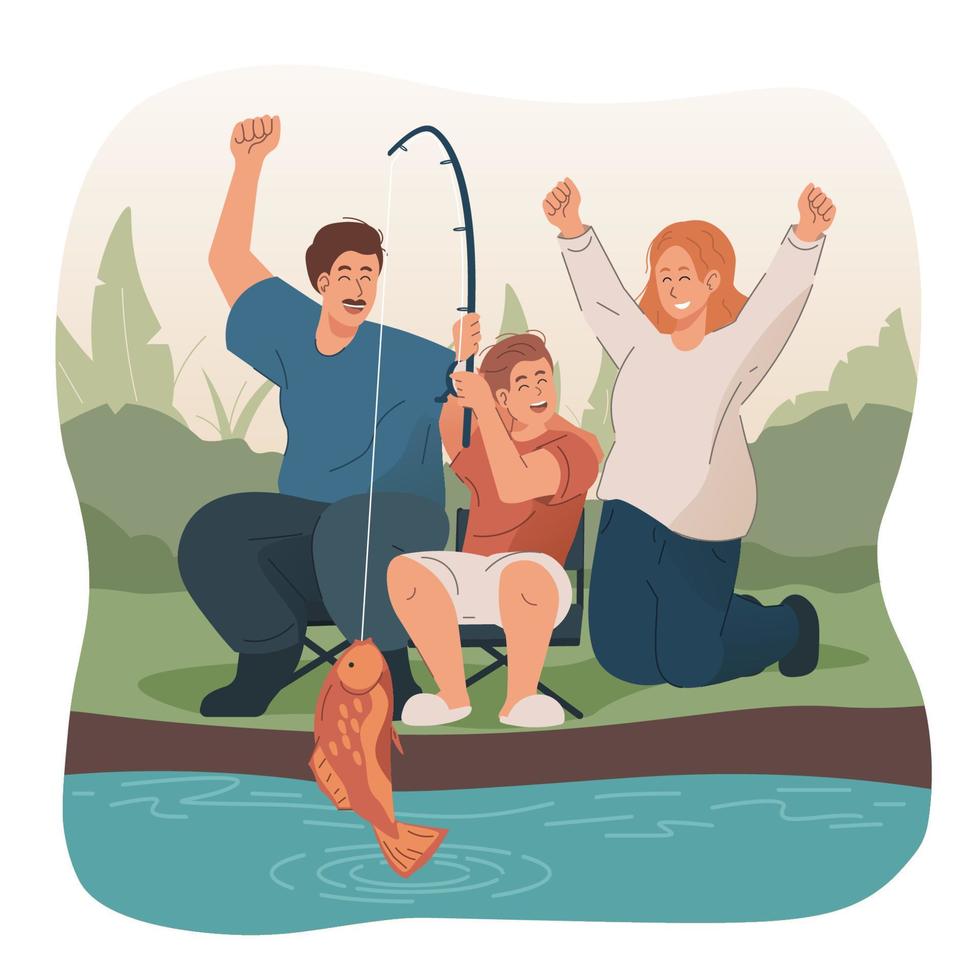 Happy parents and son fishing on the lake vector
