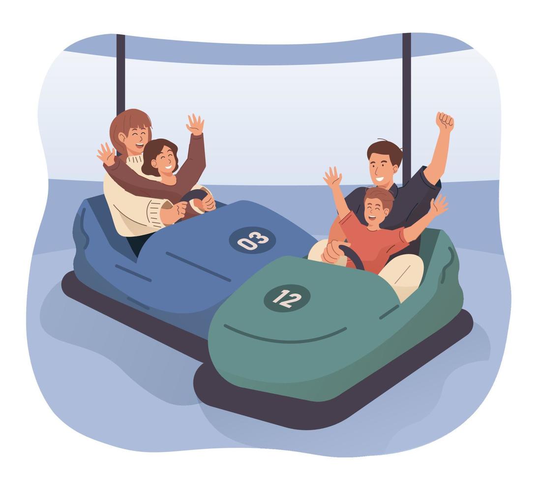 Happy family riding bumper car at amusement park vector