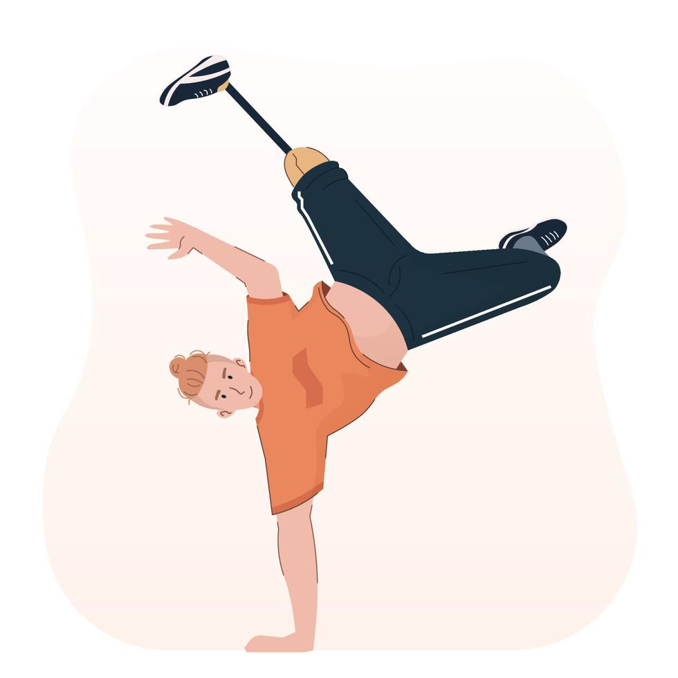 Young man with prosthetic leg doing handstand. Disabled man break dancing vector