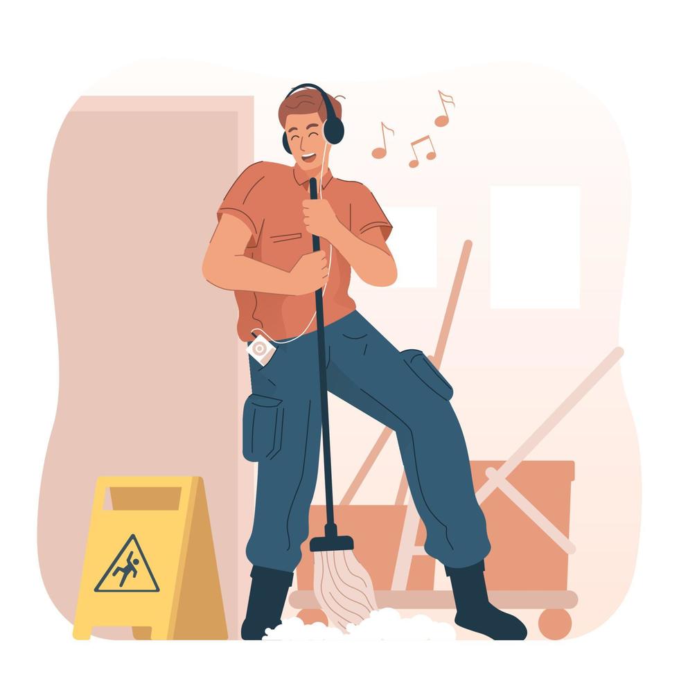 Male janitor listening to music and dancing while cleaning floor vector