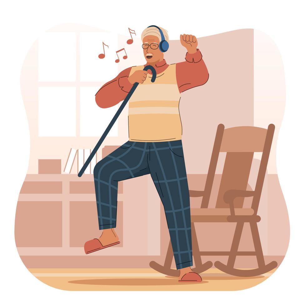 Happy old man listening to music while dancing vector