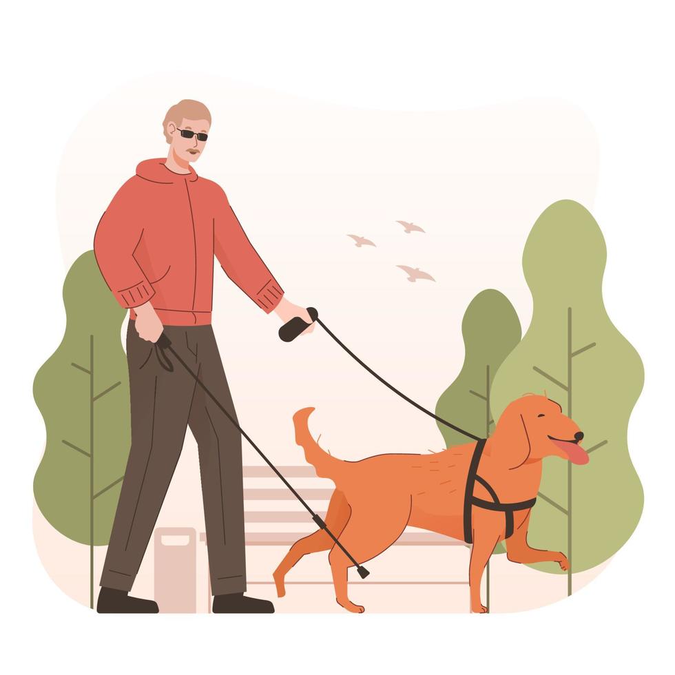 Blind man with walking stick and guide dog in park. Disabled people vector