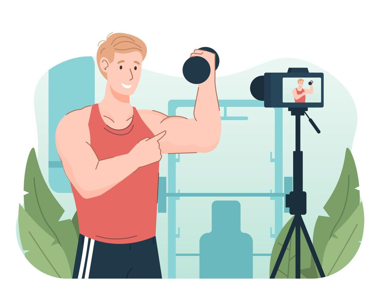 Young athletic man lifting dumbbell while recording video using camera for his online video channel. Online personal gym trainer vector