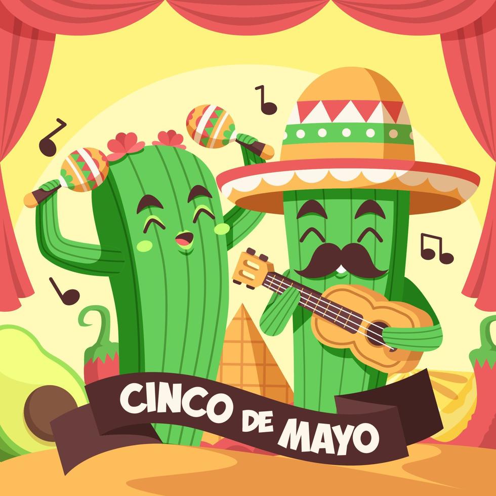 Cinco de mayo celebration with cactus character playing guitar and maracas vector