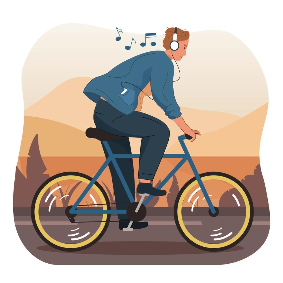 Young man riding bicycle while listening to music vector