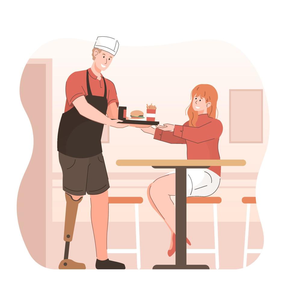 Disabled man working in restaurant. Waiter with disability vector