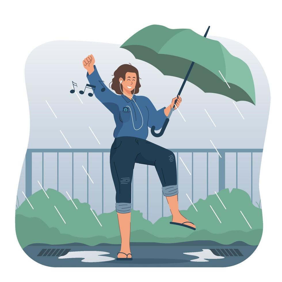Cheerful girl listening to music while dancing in the rain vector