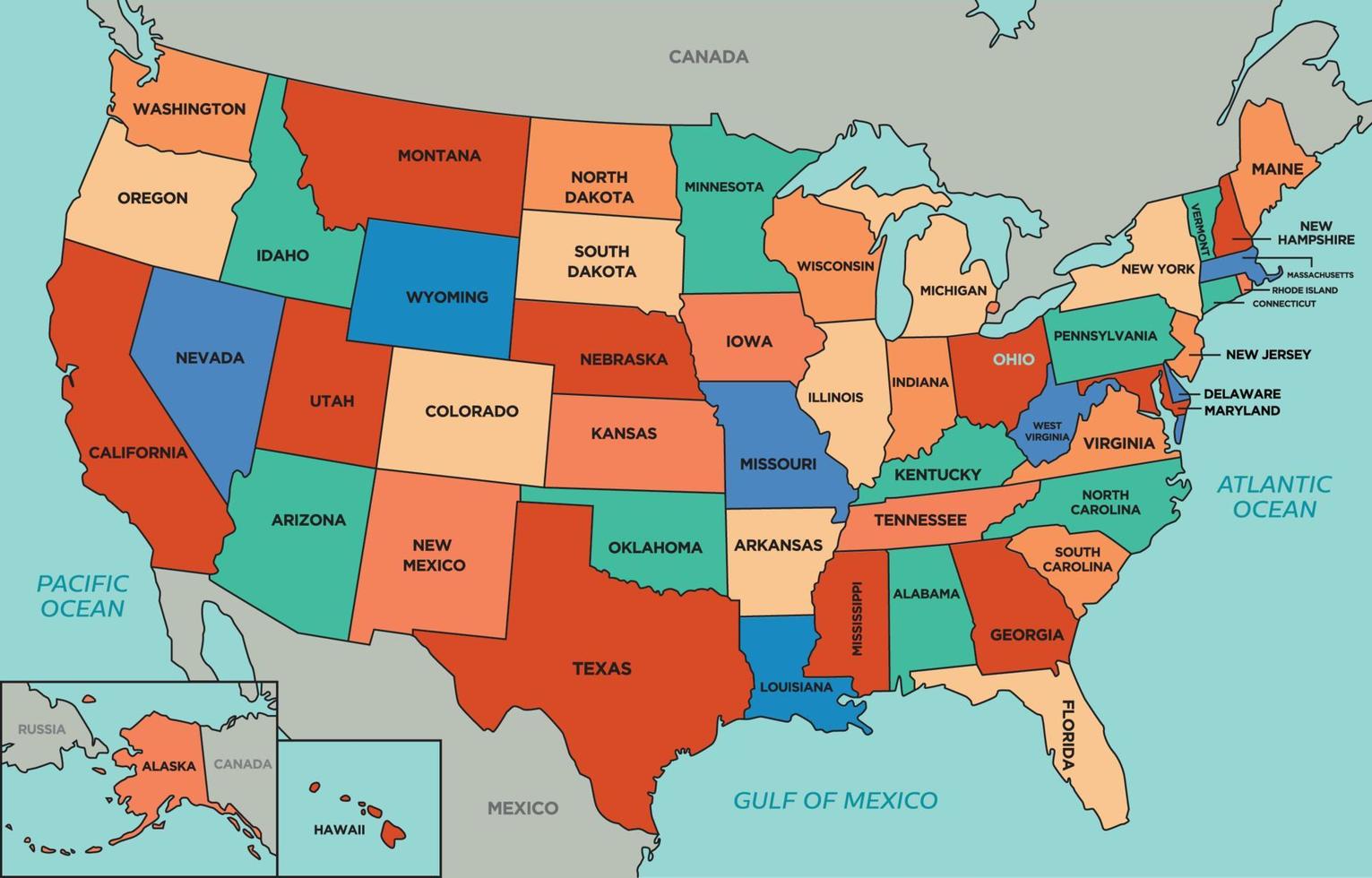 mapa de Estados Unidos con rodeando fronteras vector