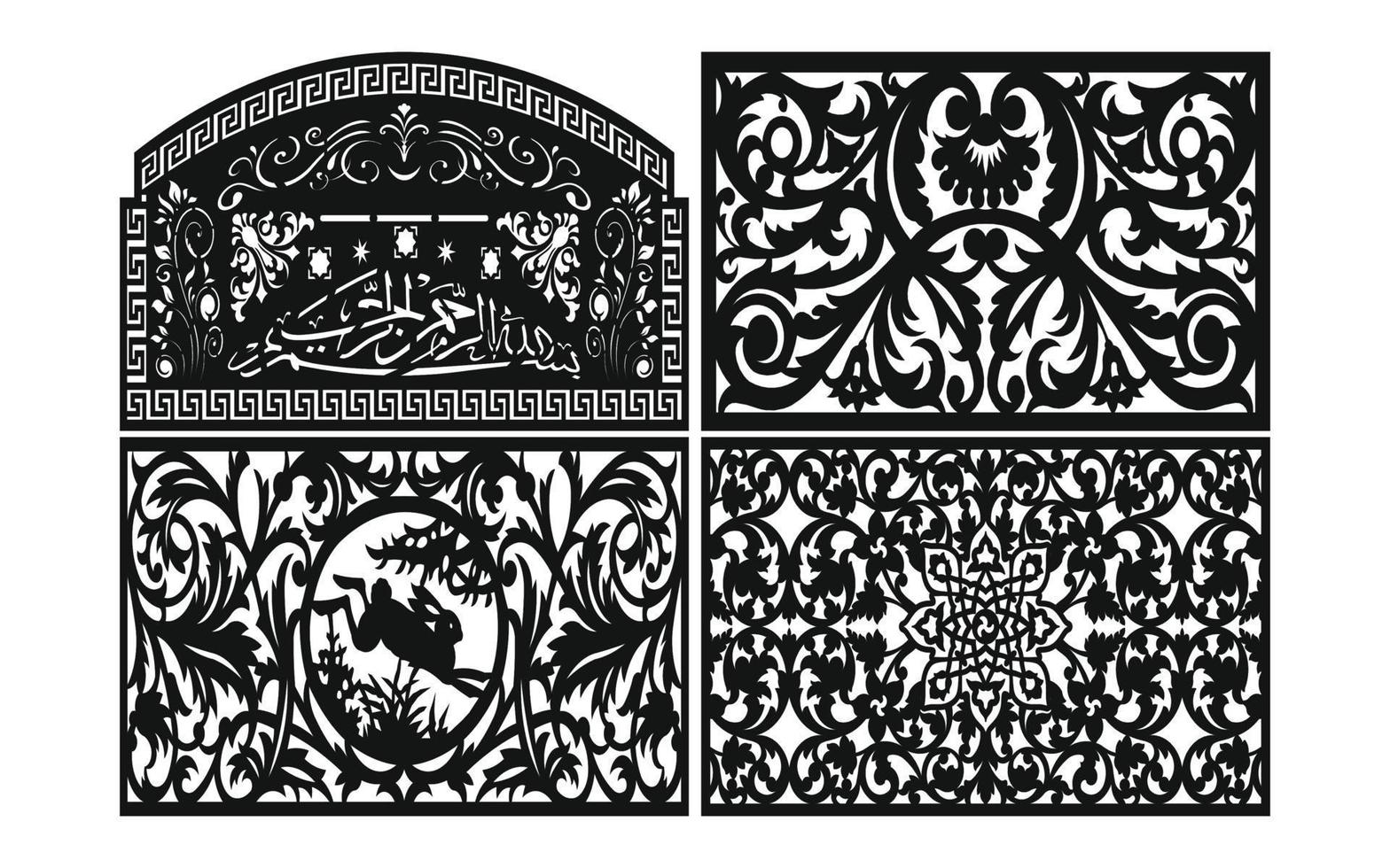 Black patterns with white background, Islamic vectors with floral panels for CNC laser cutting