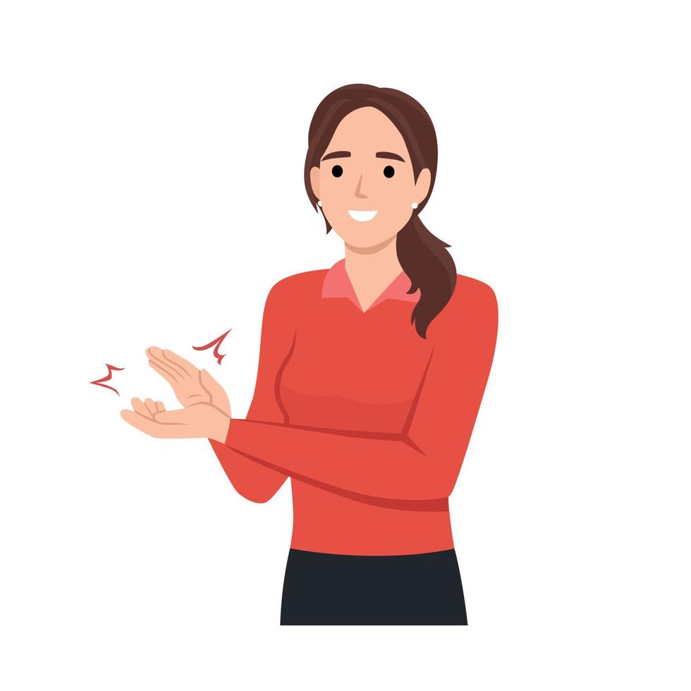 Young woman clapping hands thanking or showing appreciation at event. Flat vector illustration isolated on white background