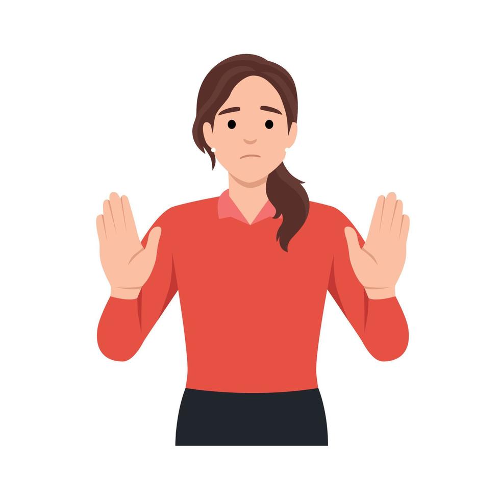 businesswoman is expressing refusal. The woman says STOP with the gesture. The girl expresses protest and disagreement. Body language and nonverbal communication. Flat vector illustration