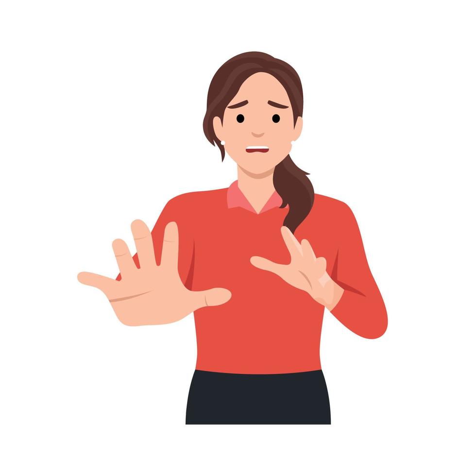 Scared young woman show no hand gesture. Terrified female feel frightened and stressed ask to stop. Emotion and fear concept. Flat vector illustration isolated on white background