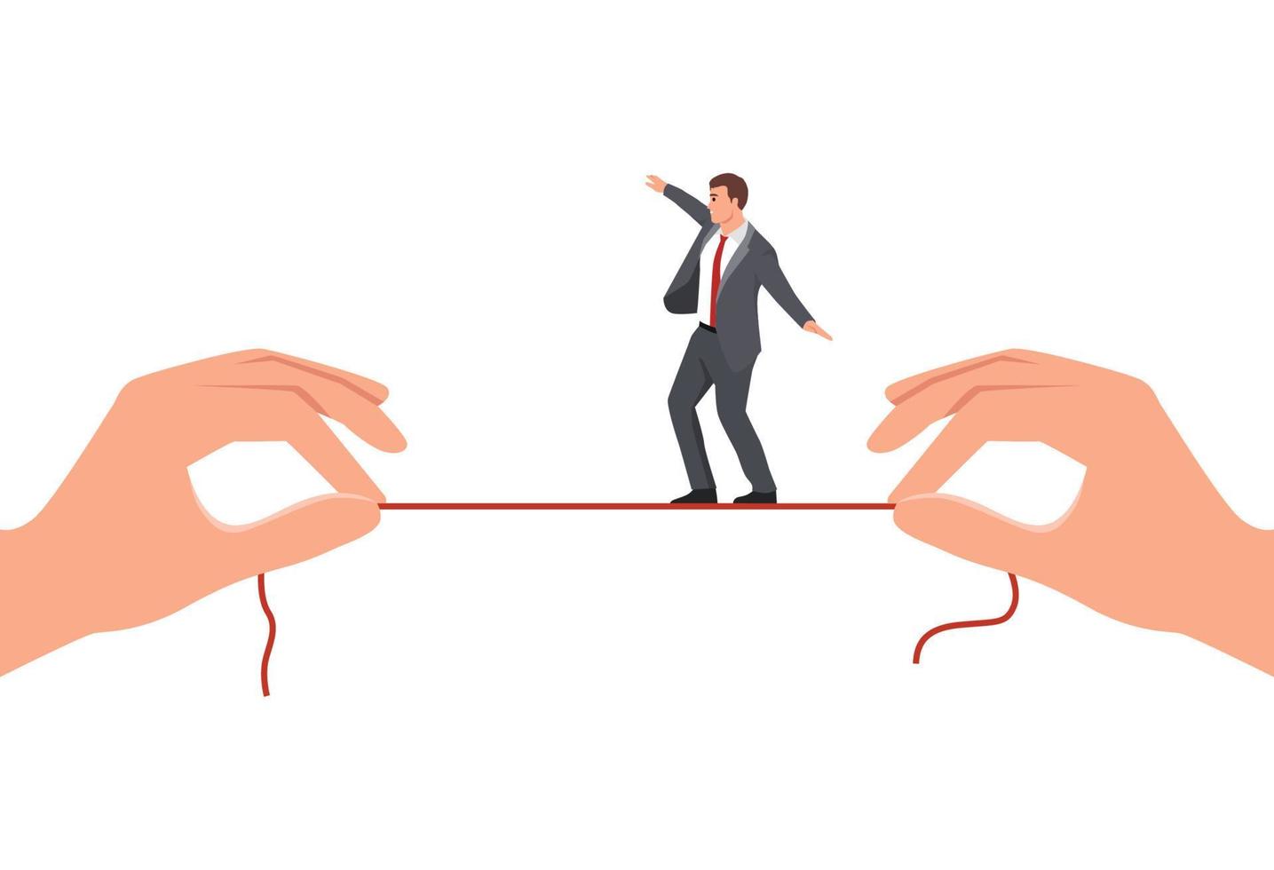 Young businessman walking on thin rope. Flat vector illustration isolated on white background