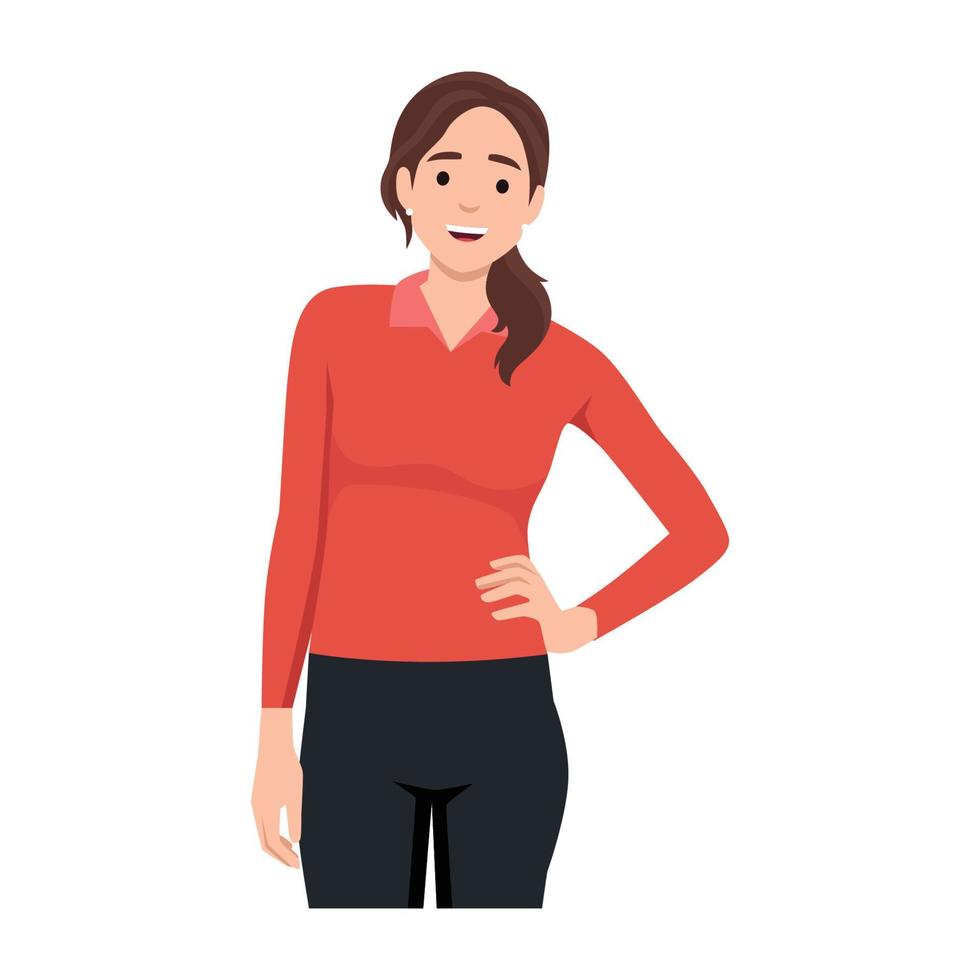 Young cheerful woman keeping hands on her hips. Bright girl smiling, looking straight and confident. . Flat vector illustration isolated on white background