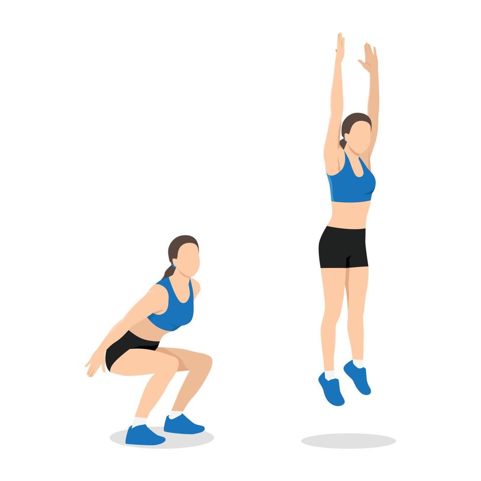 mujer haciendo ponerse en cuclillas saltar en 2 pasos en lado ver para fortalece todo inferior cuerpo. plano vector ilustración aislado en blanco antecedentes