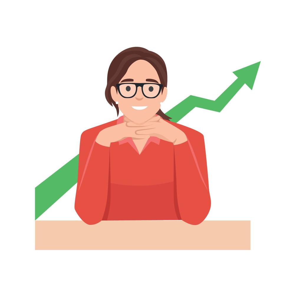 Revenue management concept. Woman studies stock market statistics and thinks where to invest money more profitably. Income growth. Flat vector illustration isolated on white background