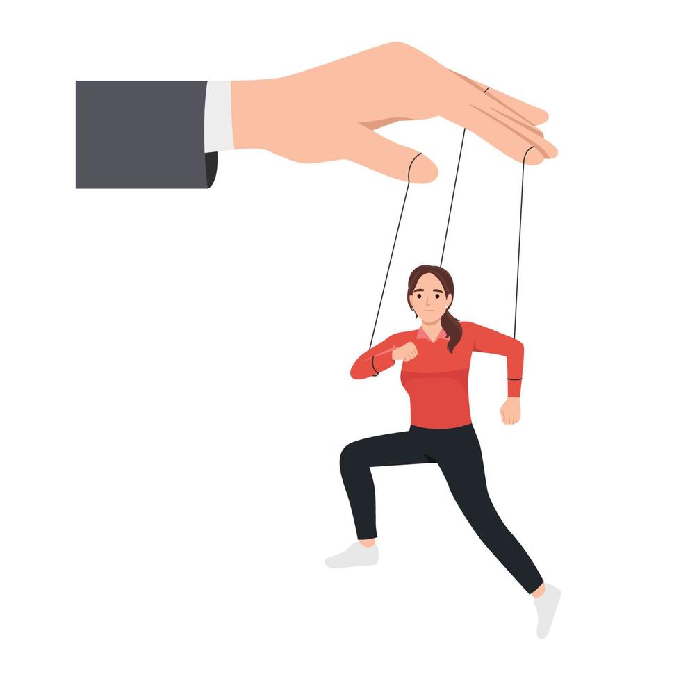 negocio concepto ilustración de un mujer de negocios siendo revisado por marioneta maestro. plano vector ilustración aislado en blanco antecedentes