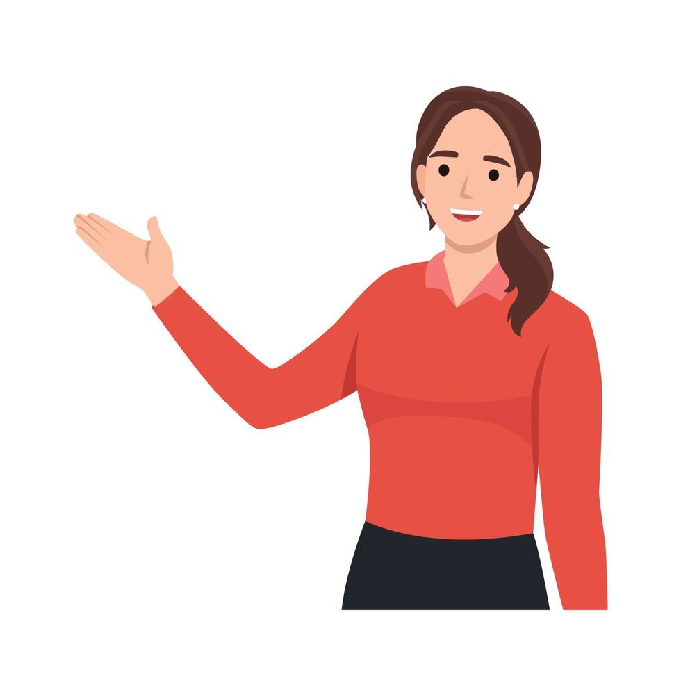 Young woman presenting, making a gesture. Flat vector illustration isolated on white background