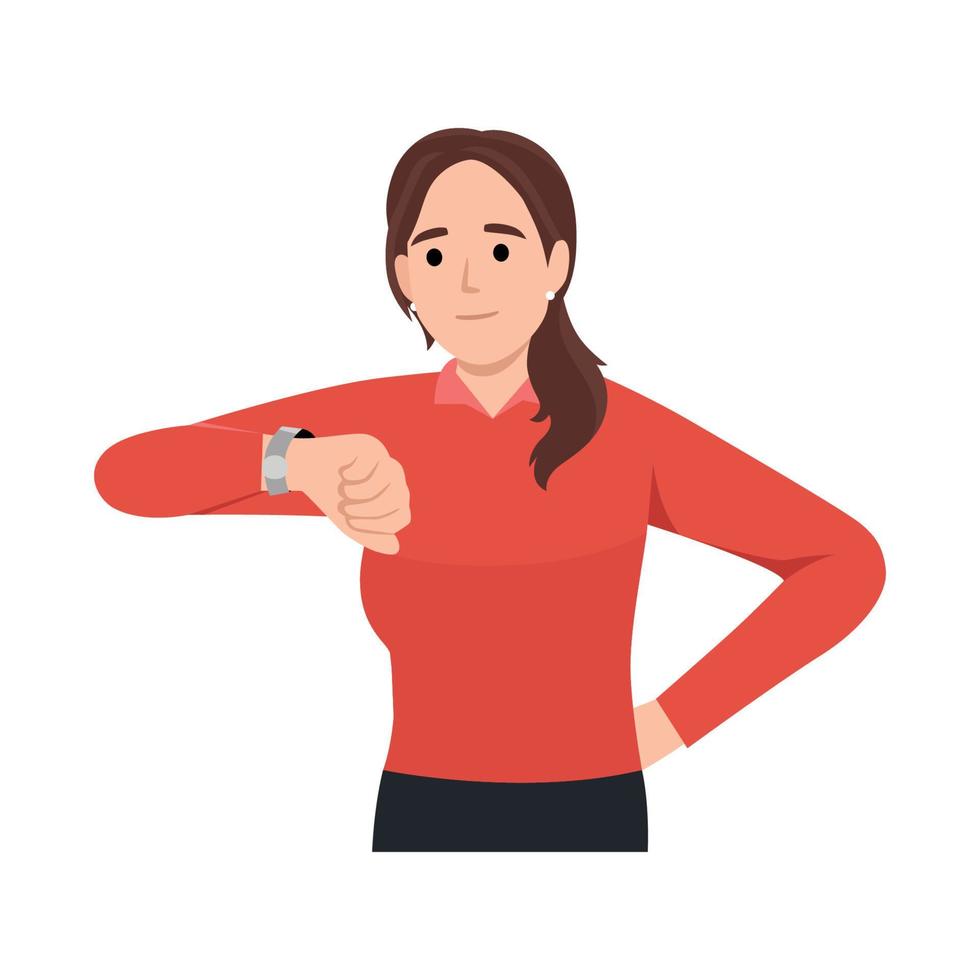 Young woman checking the time by looking at her wrist watch. Time