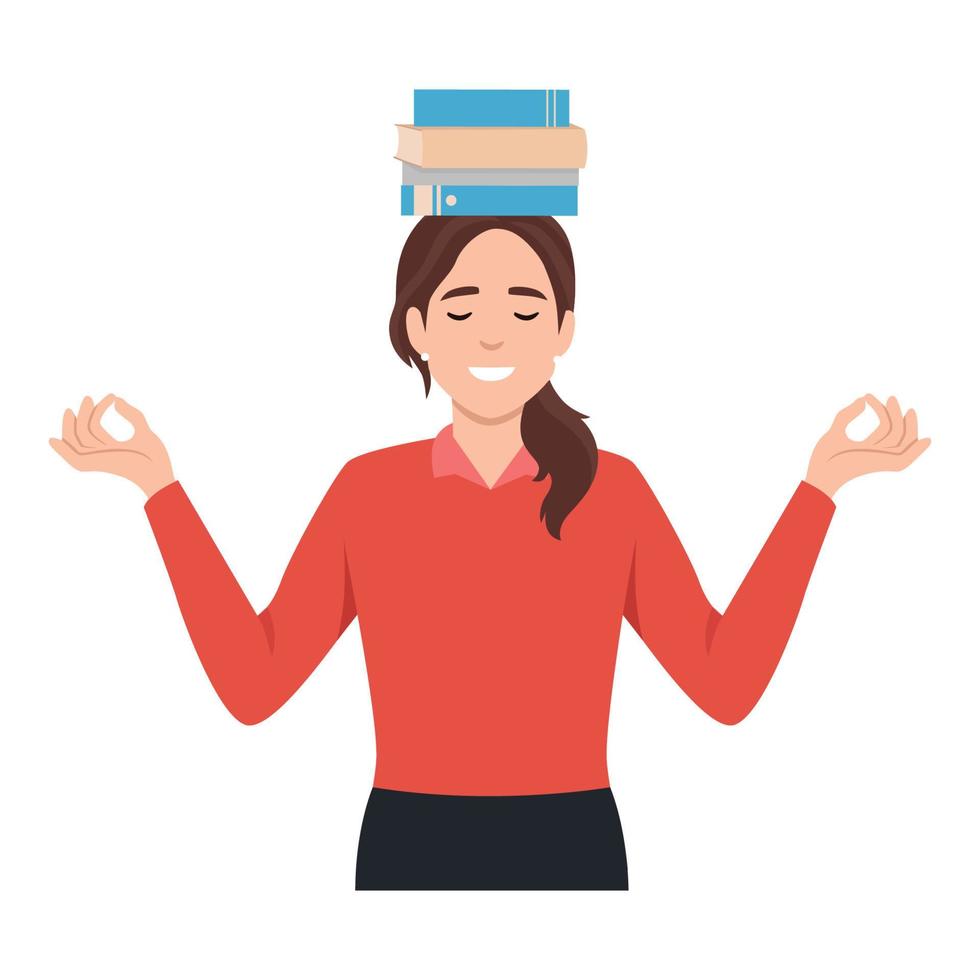 educación y consiguiendo conocimiento concepto. joven mujer meditar con libros encima su cabeza. plano vector ilustración aislado en blanco antecedentes