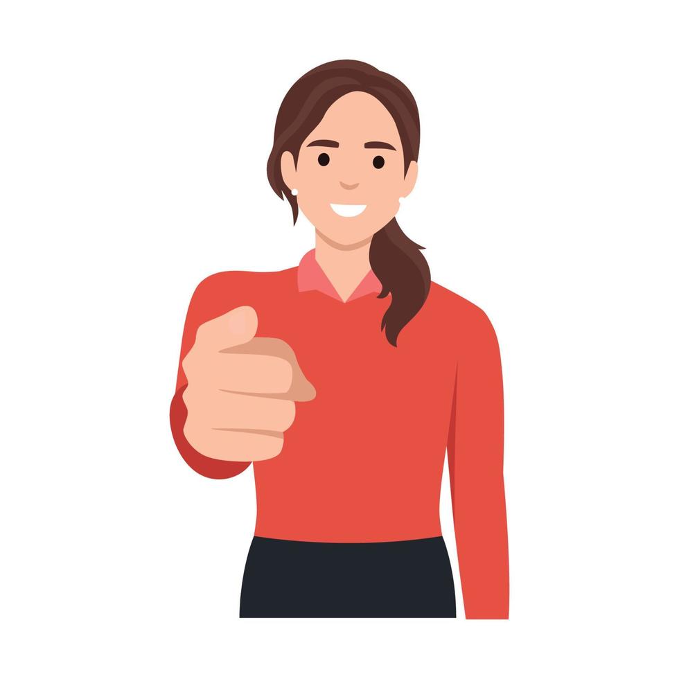 Young woman point finger at you gesture. Flat vector illustration isolated on white background