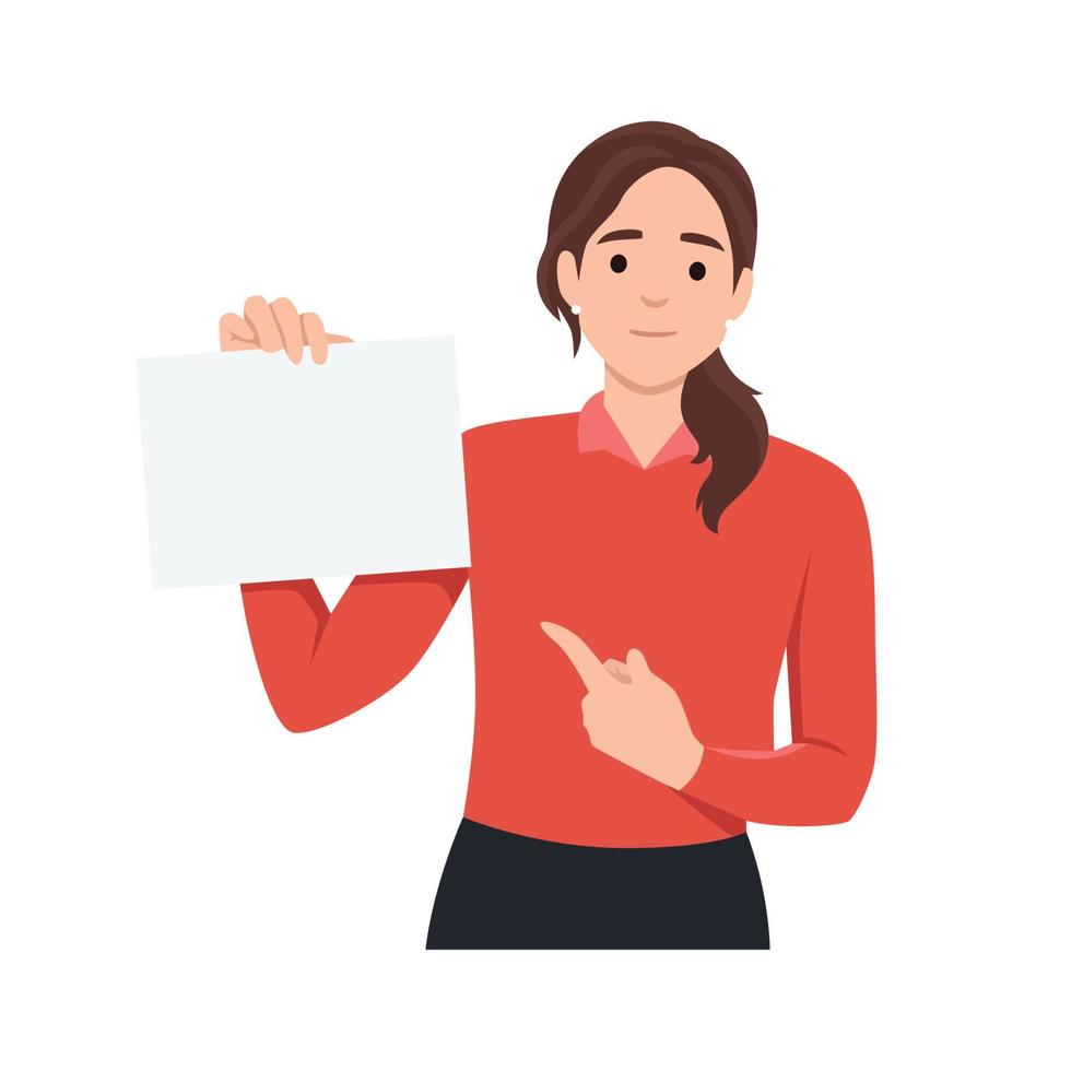 Girl holding displaying white blank board and pointing finger. Happy woman showing blank signboard with copyspace area for your text or slogan. Flat vector illustration isolated on white background