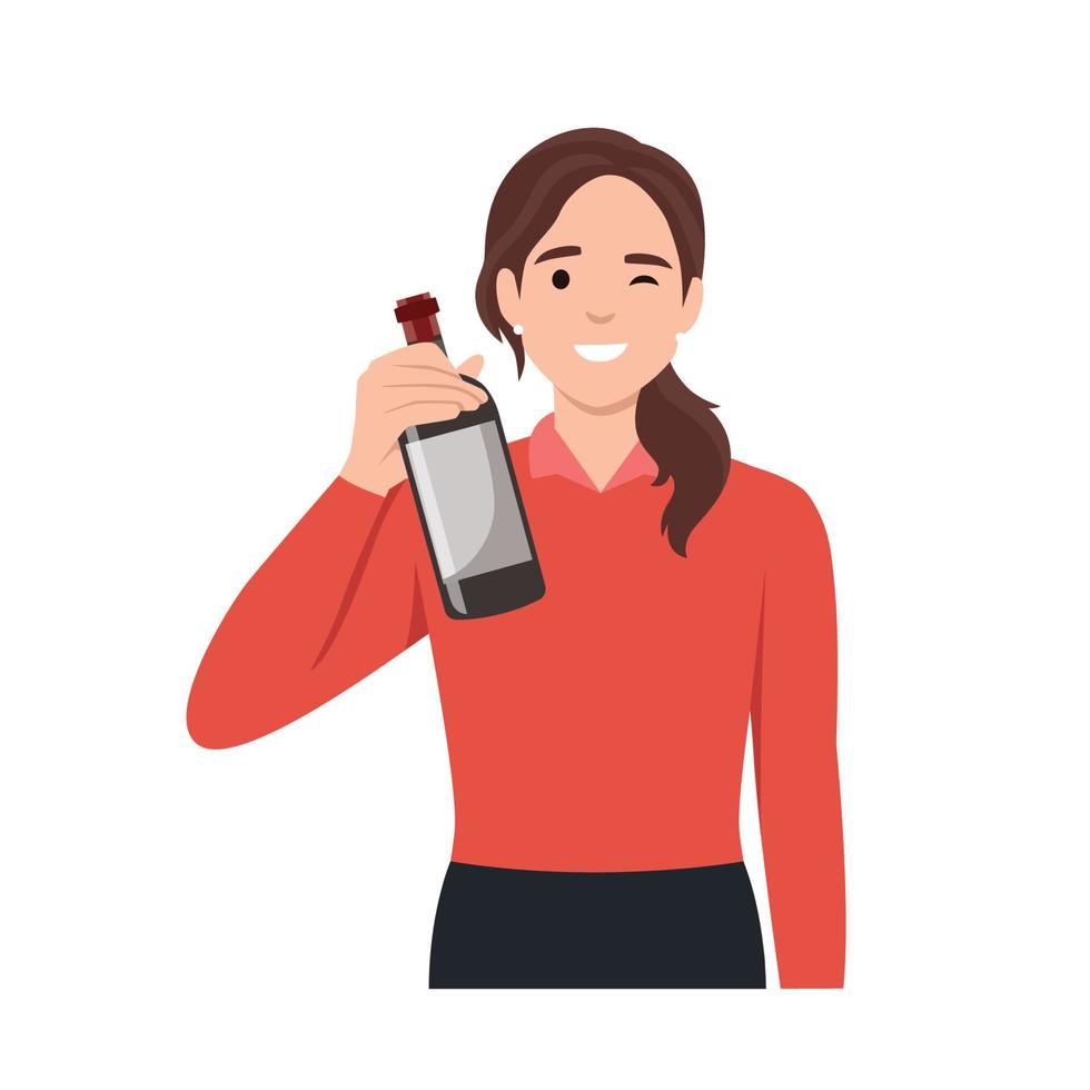 Happy celebrating woman with holding a bottle of wine. Young female character at party or festive event. Flat vector illustration isolated on white background