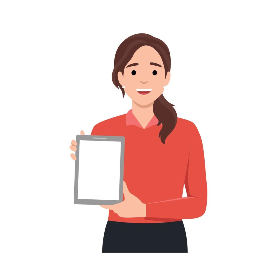 joven mujer demostración blanco sin nombre tableta ordenador personal monitor plano vector ilustración aislado en blanco antecedentes