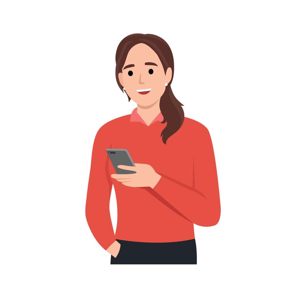 joven mujer diales el teléfono número con un contento rostro. un niña es participación un teléfono inteligente y vocación. plano vector ilustración aislado en blanco antecedentes