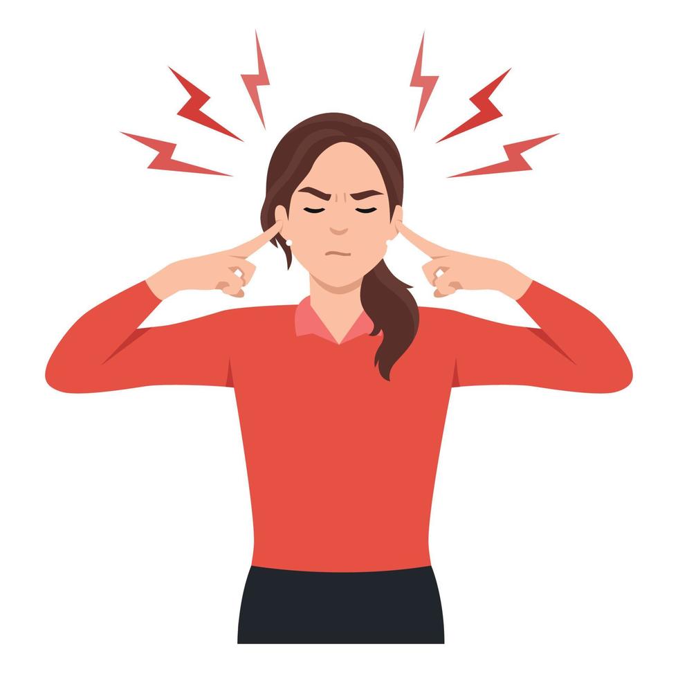 Young woman Covering Her Ears. Flat vector illustration isolated on